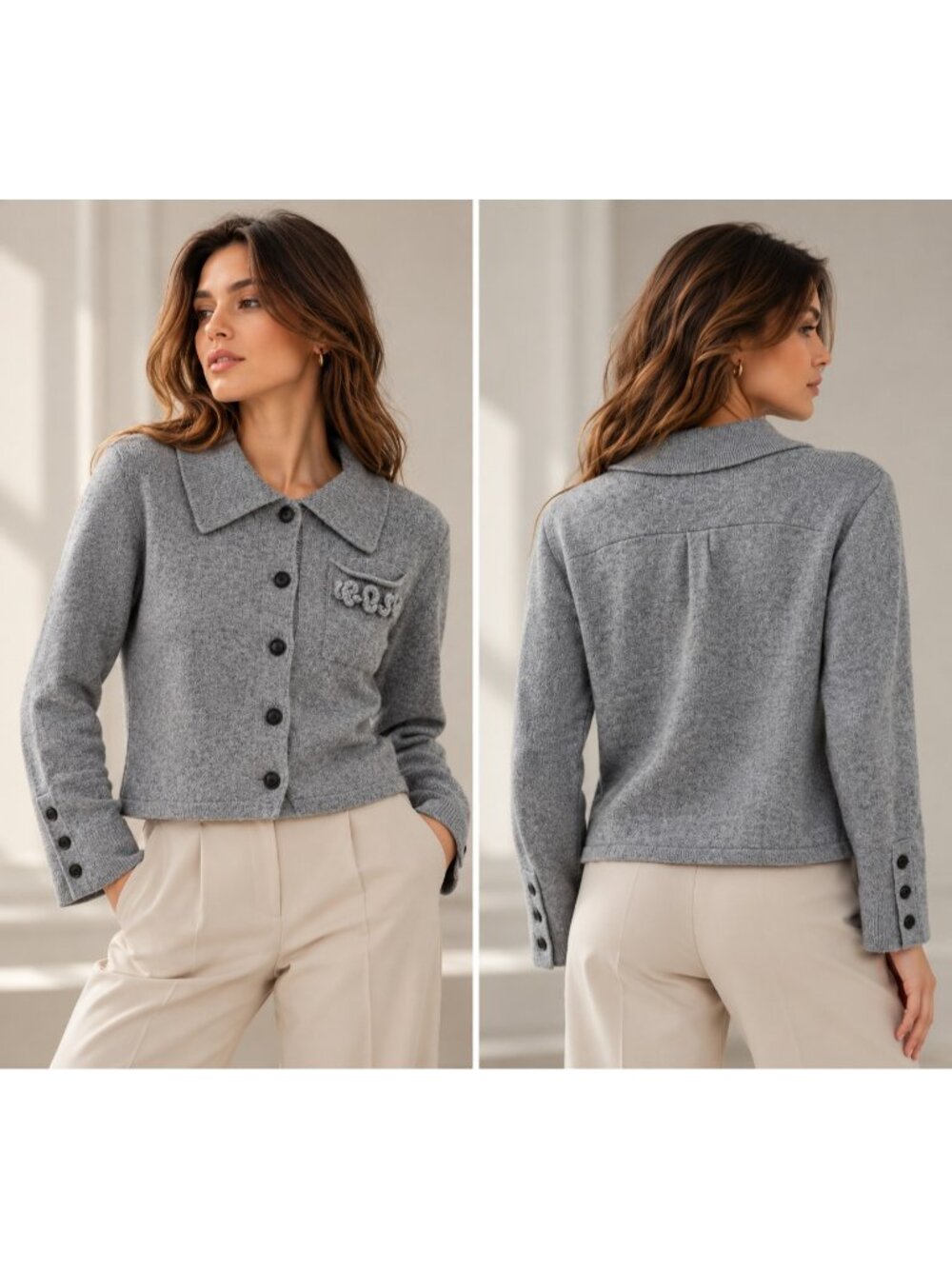 Women's 100% Cashmere Collared Button Front Cardigan Gray Size L